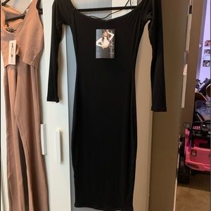 NWT, Naked Wardrobe 3/4 sleeve Black mid calf dress, off the shoulders